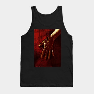 Digital collage, special processing. Red tint, gold hand, mystic. Ugly grainy texture on close up, so beautiful on distance. Tank Top